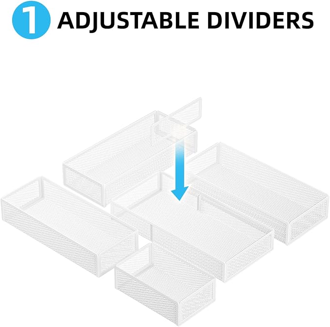 Marbrasse 5 Pack Desk Drawer Organizer Set, Mesh Drawer Storage Trays with 1 Adjustable Divider, Desk Organizers and Accessories, 5 PCS Drawer for Office Supplies, Makeup & Vanity (White)