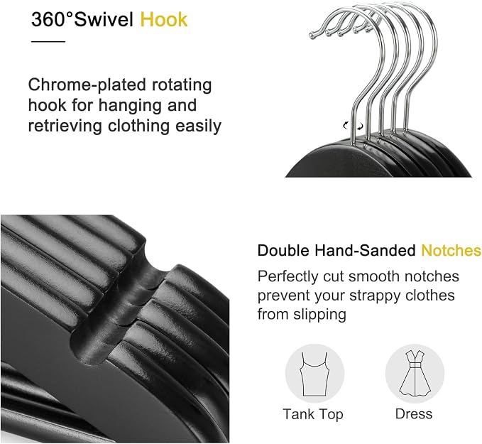 TOPIA HANGER Wooden Coat Hangers 30 Pack, Black Wood Suit Hangers, 360° Swivel Hook and Non-Slip Shoulder Notches for Camisole, Jacket, Pant, Shirt, Smooth Finished Clothes Hangers -CT54B30