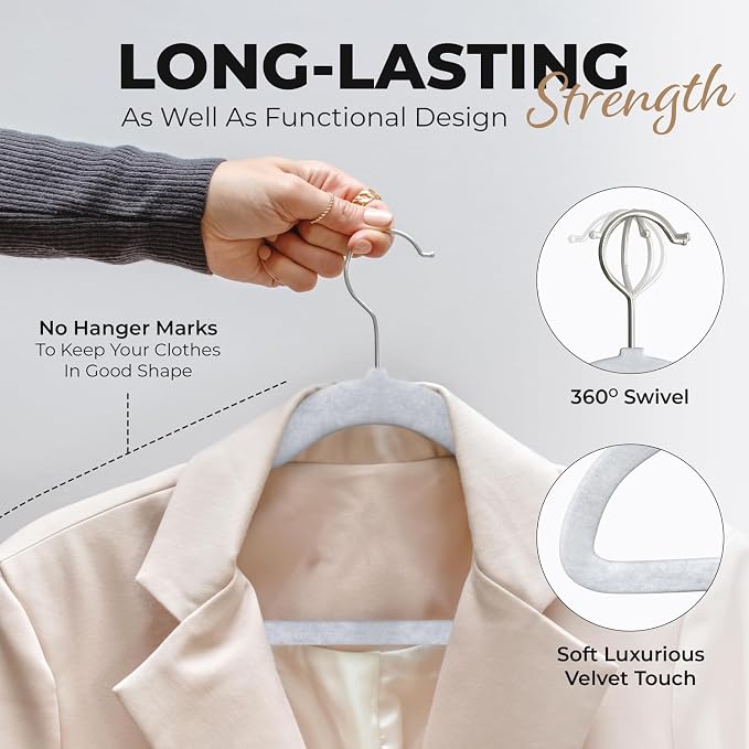 Our Modern Space 200 Pack Velvet Hanger for Shirt Pants Dresses Skirts Suits Jackets - Slim Space Saving Design - Standard Coat Hanger - Sturdy & Durable Design with Shoulder Grooves Hook