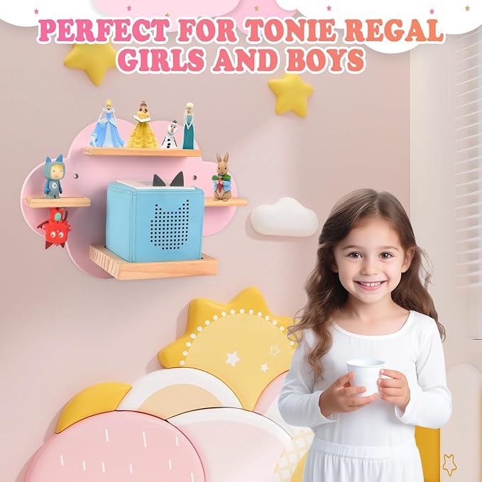 Clouds for Toniebox 1/2 Tonies Figures Organizer Storage Shelf Wall Mounted, Magnetic Floating Shelves for Toniebox Player Display Collection 20~30 Characters (Pink)