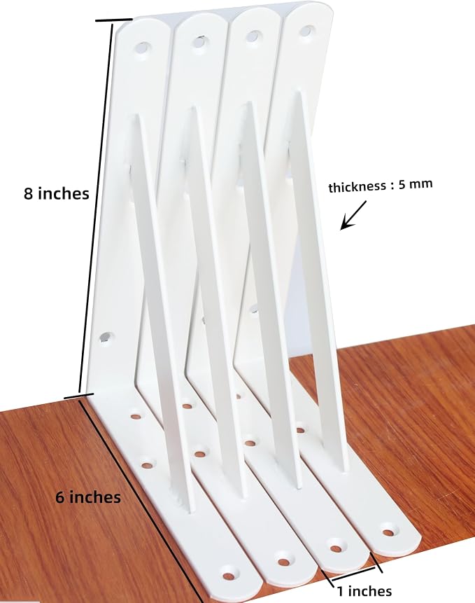 6 Pack L8 x H 6" White Heavy Duty Shelf Brackets with Screws Metal Shelf Brackets Shelf Support Angle Brackets for Shelves L Brackets Heavy Duty Floating Shelf