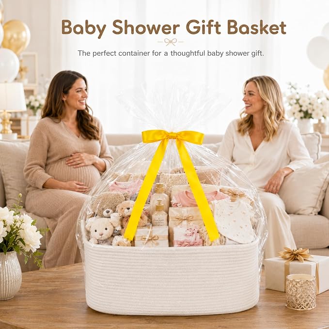 OIASKET Large Empty Cotton Rope Gift Basket with Handles, 18.9"x13.8"x7.8" Decorative Woven Storage Basket with Gift Bag and Ribbon Set for Baby Shower, Toy Organizer for Kids, Dogs & Cats - White
