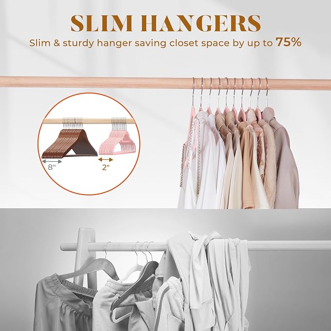 HOUSE DAY Premium Velvet Hangers 60 Pack, Non-Slip Hangers with Tie Bar | Elegance Pink Standard Clothes Hanger Slim Felt Hanger with 360° Swivel Hook for Closet Organized Storage，72g/Pc