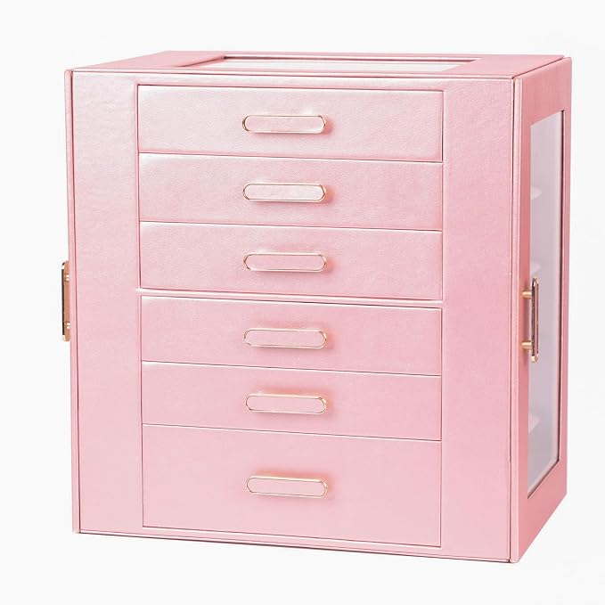 BOOVO Clear Lid Jewelry Box,6 Layers Jewelry Organizer Large Jewelry Storage Box with 6 Drawers,Jewelry Holder Organzier of Rings Earrings Necklace Bracelets for Women (Rose Gold, 6 Layer)