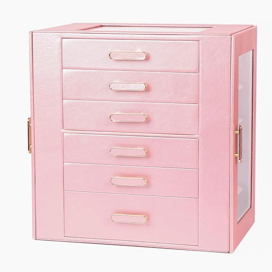 BOOVO Clear Lid Jewelry Box,6 Layers Jewelry Organizer Large Jewelry Storage Box with 6 Drawers,Jewelry Holder Organzier of Rings Earrings Necklace Bracelets for Women (Rose Gold, 6 Layer)