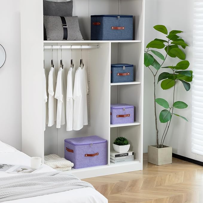 Storage Bin Box with Zippered Lid Cotton Linen Fabric Decorative Basket with PU Leather Handles PP Plastic Board Foldable Lidded Clothing Shelf Closet Organizer Container (Purple, Small)