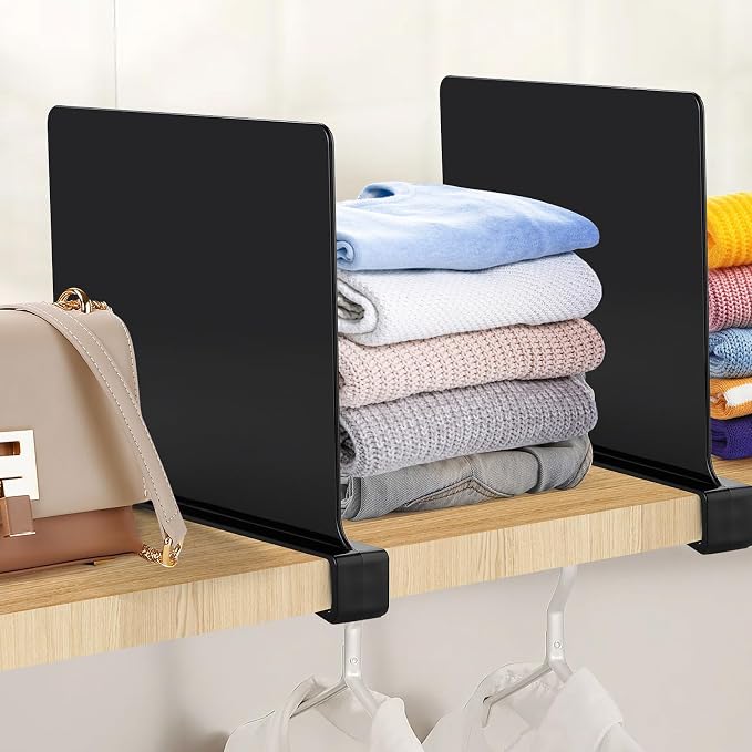 Matte Black Acrylic Shelf Dividers for Closets Organizer & Storage,12 Pack | Adjustable Vertical Wood Shelf Closet Separators, Keep Clean, for Clothes,Book,Bags, in Bedroom and Kitchen