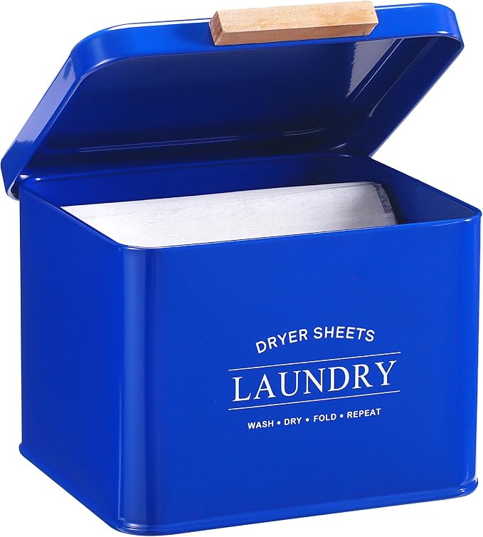 Dryer Sheet Holder with Hinged Lid for Laundry Room Organization, Metal Farmhouse Dryer Sheet Container, Laundry Room Decor and Accessories (Dark Blue)