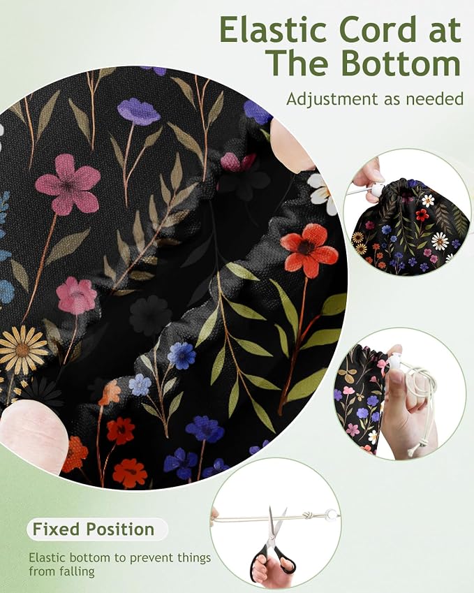 Plastic Bag Holder Organizer - 1 Pack Reusable Canvas Grocery Bags Holder Hanging Wall Cute Aesthetic Shopping Bag Storage Dispenser with Drawstring Closure for Kitchen Home, Black Floral
