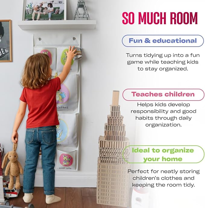 Cool-Stuff Kids Hanging Clothes Organizer – Over The Door Storage for Pajamas, Toys, Socks – Wall Mount Closet Organizer for Toddler, Preschool, Kindergarten – Water-Resistant, Beige, 44x14.5