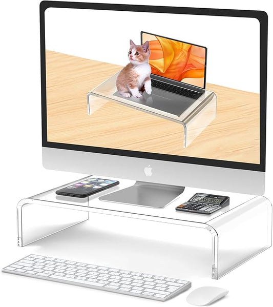 Acrylic Monitor Stand Riser L14''xW7.5''xH4'' Acrylic Laptop Stand for Desk Clear Computer Monitor Stand for Desk Accessories White Aesthetic Decorations for Office Home iMac Organizer