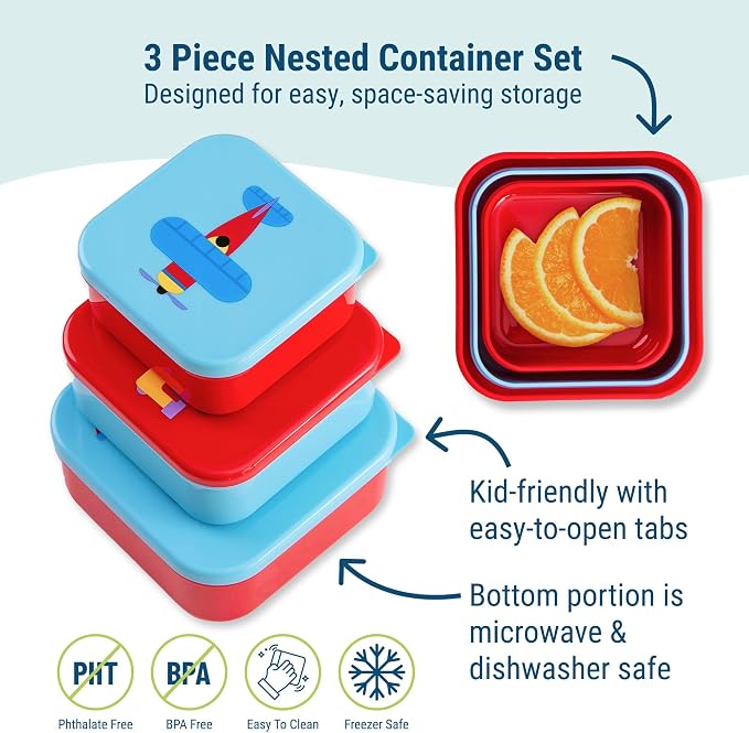 Wildkin Set of 3 Kids Nesting Food Containers for Boys – Stackable, Airtight & BPA-Free Snack Containers, Dishwasher Safe Lunch Box Containers for School & Travel, Ages 3–12 – Trains, Planes & Trucks