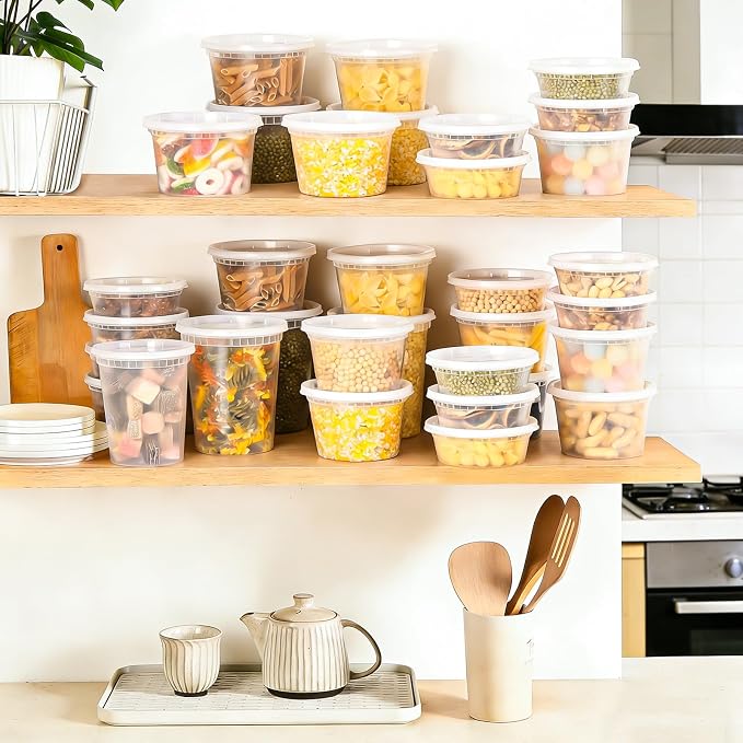 BYSNOW 60 Sets Deli Containers with Lids, 32/16/8 oz X 20 Set Each, Leak-Proof & BPA Free Airtight Stackable Takeout Plastic Food Storage Containers, Freezer/Microwave/Dishwasher Safe
