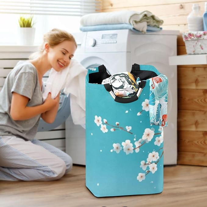 Dreamy Cherry Blossom Petals Large Laundry Hamper Basket, Collapsible Laundry Bag Storage Bins Baskets with Handles for Laundry, Bedroom, Home Decor
