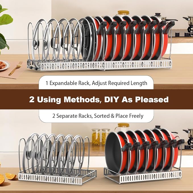 Housolution 2 Pack Pot and Pan Lid Organizer Holder Storage Rack, Silver | 12"-23" Expandable, 14 Adjustable Dividers, Sturdy Metal Construction, Easy Assembly