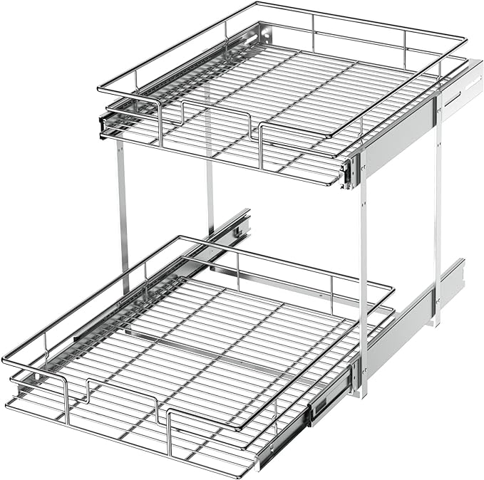 LOVMOR 2 Tier Individual Pull Out Cabinet Organizer 14½" W x 21½" D, Slide Out Kitchen Cabinet Storage Sliding Shelves