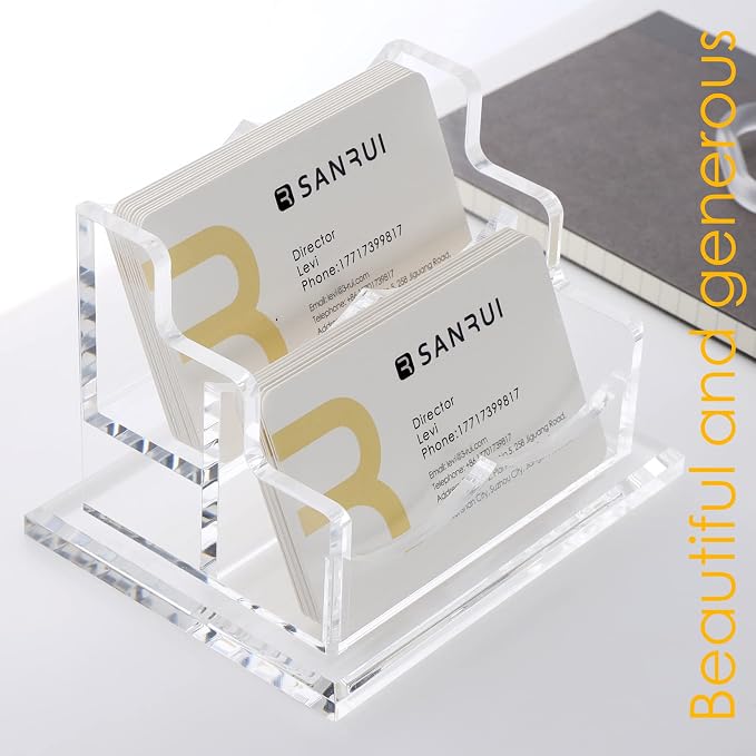 SANRUI Clear Horizontal Business Card Holder Stand for Desk, Acrylic Desktop Display Name Cards Holders Organizer Storage Rack,for Exhibition, Home, Office,2 Tier 2 Pocket, 120 Card Capacity