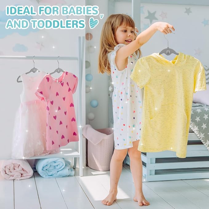 Baby Velvet Stackable Hangers 30 Pack, 11 Inches Gray Kids Clothes Hanger for Closet, Non Slip Toddler Infant Hangers for Nursery, Thin Space Saving Children Felt Hanger with 360° Swivel Hooks