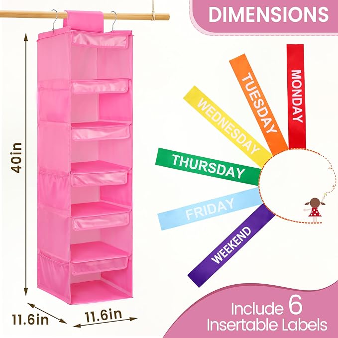 6-Shelf Weekly Clothes Organizer for Kids, Hanging Daily Closet Organization with 6 Side Pockets, Days of The Week Clothing Divider Storage for Boys and Girls (Pink)