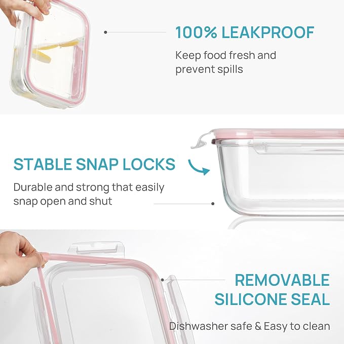 Vtopmart 2Pack 1860ml/63oz Large Glass Storage Containers With Lids, Pink | Meal Prep Food Container Set with Snap Airtight Lid, For Baking, Microwave, Oven, Leak Proof, Freezer, Dishwasher, BPA Free