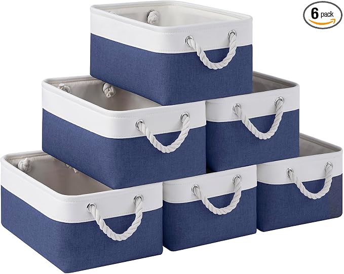 Storage Baskets for Shelves 13.8x9.8x6.7 Inch, Foldable Fabric Storage Bins with Handles, Small Storage Baskets for Organizing Closet, Office, Home Organization (6-Pack, White&Blue)