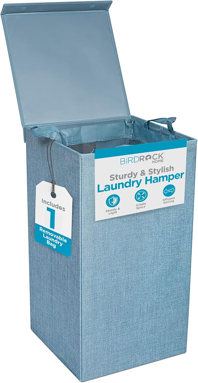 BIRDROCK HOME Laundry Hamper with Lid | Removable Bags for Sorting Clothes | Sectioned Laundry Basket for Bedroom & Bathroom | Collapsible Storage Bin with Cover | Single, Light Blue