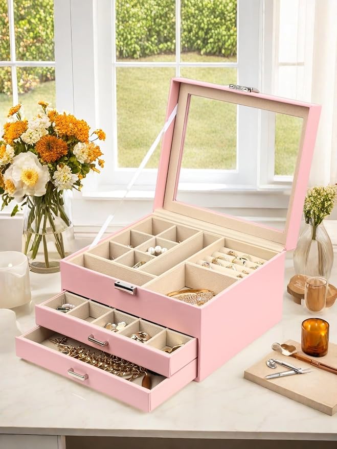 BOOVO Clear Lid Jewelry Box,3 Layers Jewelry Organizer Large Jewelry Storage Box with 2 Drawers,Jewelry Holder Organzier of Rings Earrings Necklace Bracelets for Women (Pink, 3 Layer)