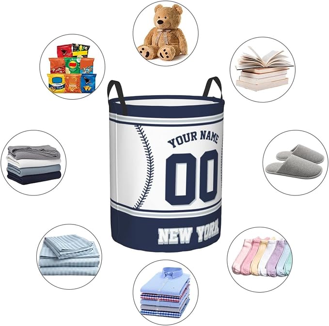Custom New York Laundry Hamper Personalized Laundry Basket Customized Name And Number Collapsible Storage Basket for Bedroom Bathroom Living Room Baseball Fan Gifts