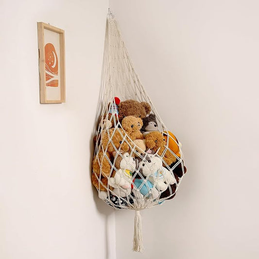 Amdermi Stuffed Animal Storage Organizers Toy Hammock Corner Hanging Net Stuffy Animal Hammock Macrame Toy Display Plush Toy Holder Wall, Kid Bedroom Decor Boho Nursery Playroom Organizer (Cream XL)