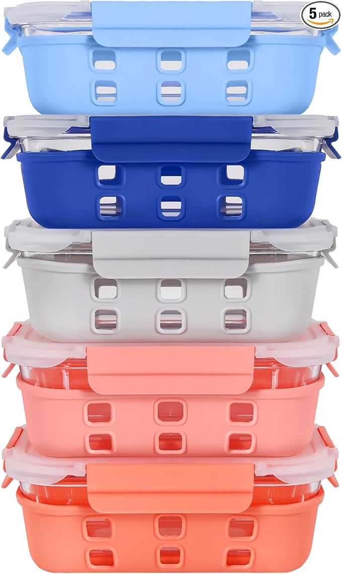 ECOBERI Glass Meal Prep Containers with Silicone Sleeves, 5 Piece 4.5 Cup Set, Borosilicate Glass Food Storage with Leak-Resistant Lids, Oven, Microwave, Freezer and Dishwasher Safe.