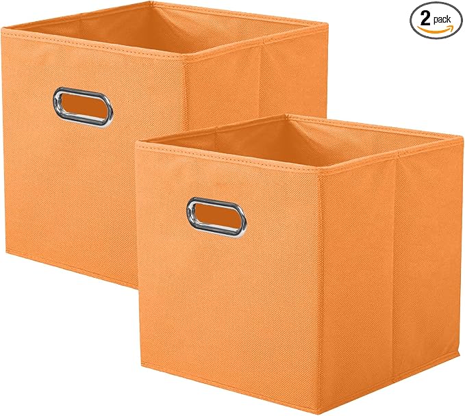 ShellKingdom Storage Bins, Foldable Fabric Storage Cubes And Cloth Storage Organizer Drawer with Metal Handle For Closet And Toys, 11 X 10.5 X 10.5 INCH, 2 Pack (Orange)