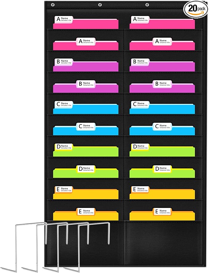 Folder Pocket Chart (Black), Cascading Wall Organizer for School, Classroom, Home or Office Use, 20 Pocket Chart Hanging Wall Organizer with 4 Hangers