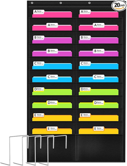Folder Pocket Chart (Black), Cascading Wall Organizer for School, Classroom, Home or Office Use, 20 Pocket Chart Hanging Wall Organizer with 4 Hangers