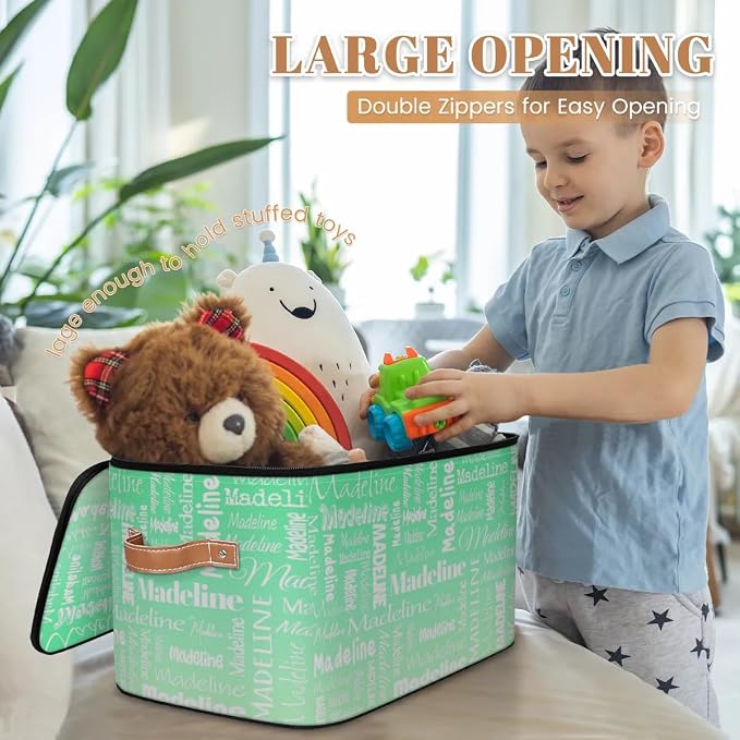 Custom Storage Basket with Name, Personalized Keepsake Box with Zipper Lid, Foldable Fabric Memory Bin Large capacity with Handle Green Gradient