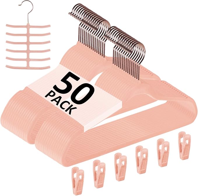 VECELO Premium Velvet Clothes Hangers Suit Heavy Duty (50 Pack)-Non Slip & Space-Saving with 6 Finger Clips & Tie Rack Excellent for Men and Women,Pink