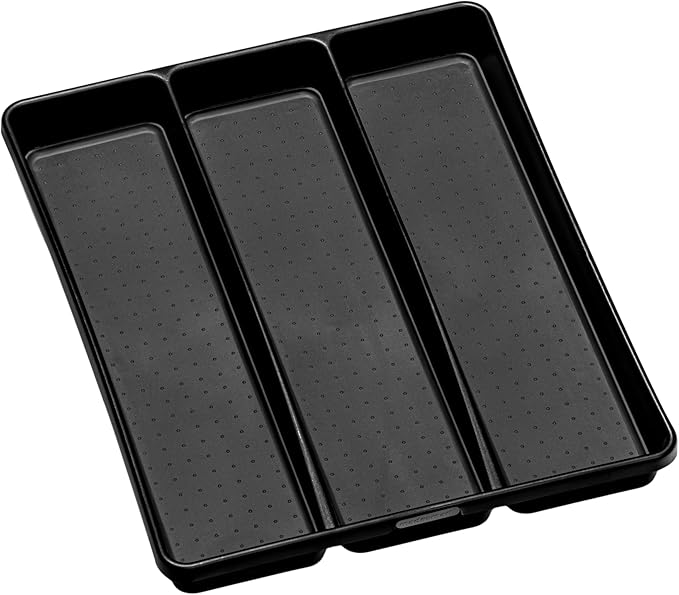 madesmart Classic 3-Compartment Plastic Utensil Tray for Drawers, Multipurpose Storage Tray Drawer Organizer, Carbon Large