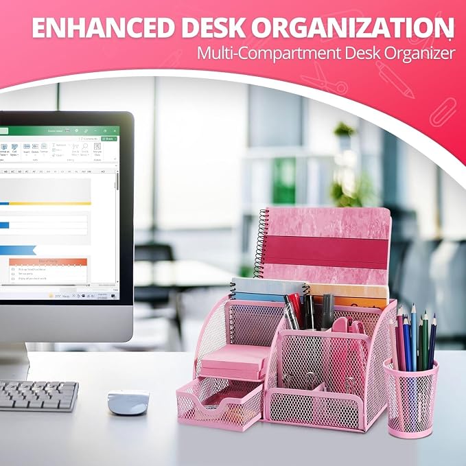 Flexzion Desk Top Caddy Organizer - Pink Office Desk Accessories Organizer and Storage - Metal Mesh Desk with 6 Compartments, Drawer and Pen Holder | Compact desktop caddy with separate pen holder; 8.7 x 5.5 x 5 in for office supplies, home study, or d...