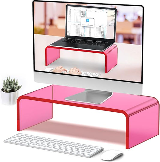 Acrylic Monitor Stand Riser L15''xW7.5''xH4'' Acrylic Laptop Stand Riser for Desk Clear Computer Monitor Stand for Desk Office Organizer for Office Home Bright Pink