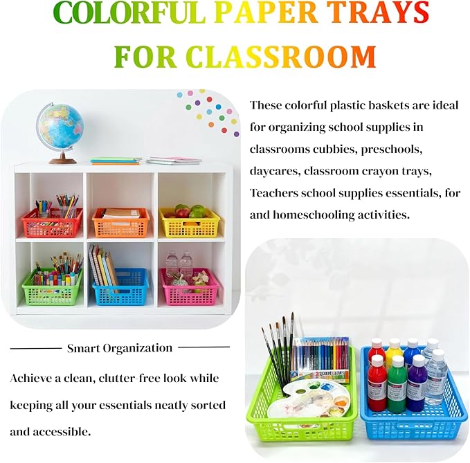 6 Pack Plastic Turn in Paper Trays for Classroom, Colorful Storage Bin Basket Organizers for School Supplies, Classroom Organization and Storage Tray Holds 4A Paper