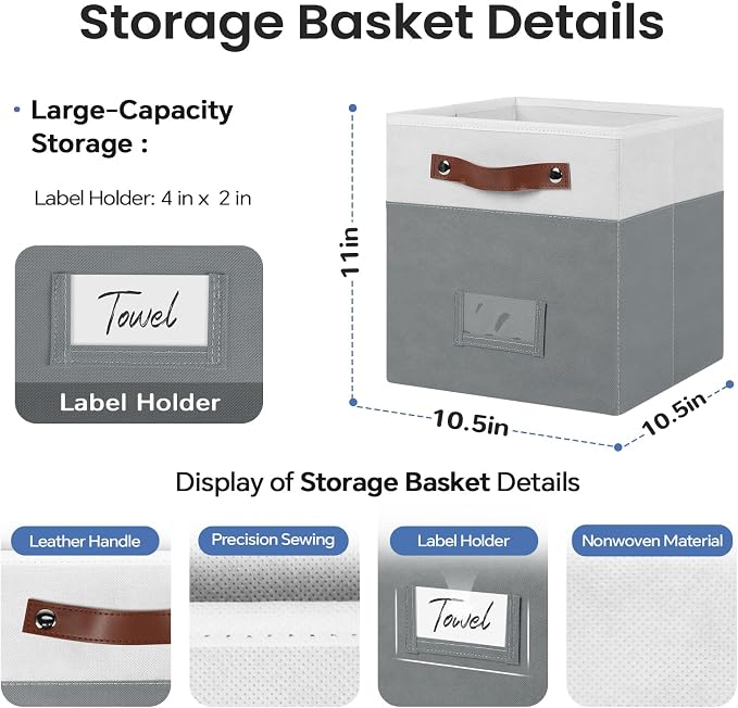 FinishingBo 6-Pack Storage Cubes with Handles & Label Holders Basket, Closet Cube Home Organizer Bins(White/Dark Grey, 10.5*10.5*11 inch)