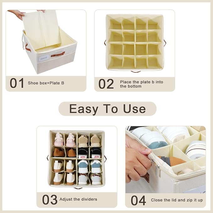 Shoe Organizer for Closet, Shoe Storage Box, Foldable Shoe Box with Adjustable Dividers and Clear Cover, Closet Shoe Organizer Fits up to 16 Pairs, 1-Pack, Extra Storage Pocket for Socks