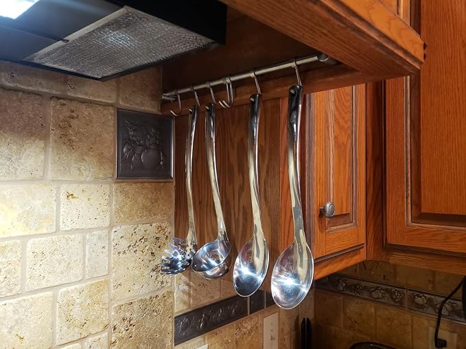 Audmore Kitchen Utensil Rack 2PCS, 15.6” Pot & Pan Hanging Rack Wall Mount | 304 Stainless Steel Lid Cooking Utensil Hanger, 7 Sliding Hooks for Spatula Spoon, Measuring Cups, Coffee Mug, Space Saving
