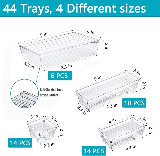 DCA 44 PCS Clear Drawer Organizer Set, 4 Sizes Vanity Trays | Cosmetic Display Cases | Bathroom & Vanity | Easy to Clean