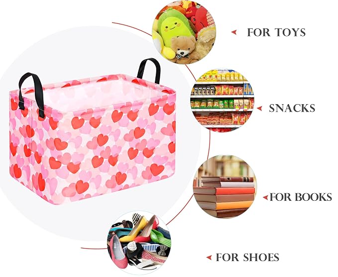 Rectangular Valentines Basket Storage Bin for Shelves Girls Gifts Baskets Foldable Box with Handles for Home Office Car Dormroom Valentine's Day Party Supplies