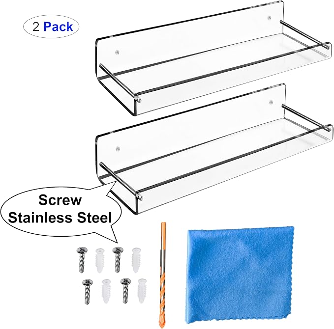 AMT 2 Pack Acrylic Floating Shelves, 15" L x 4" W, Clear Bathroom Wall, Bookshelves, Invisible Display for Office, Bedroom, Small Gap Allows Water to Escape, Free Screws & Drill Bit (L- New Model)