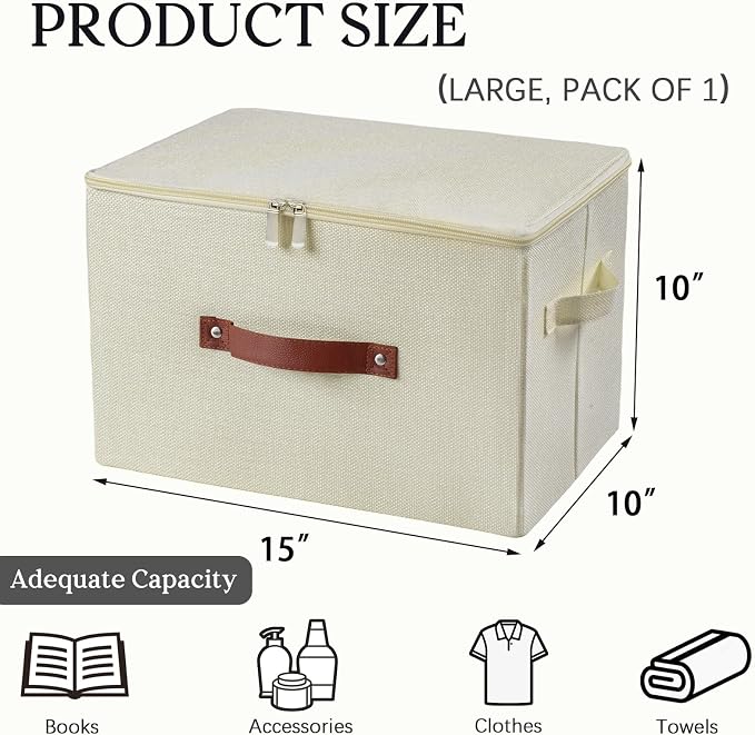 Storage Bins with Zipper Lid Foldable Fabric Lidded Storage Boxes Baskets Cubes Washable Collapsible PU Leather Handle Cotton Linen Fabric Shelf Closet Organizer Container(Beige, Large Size)