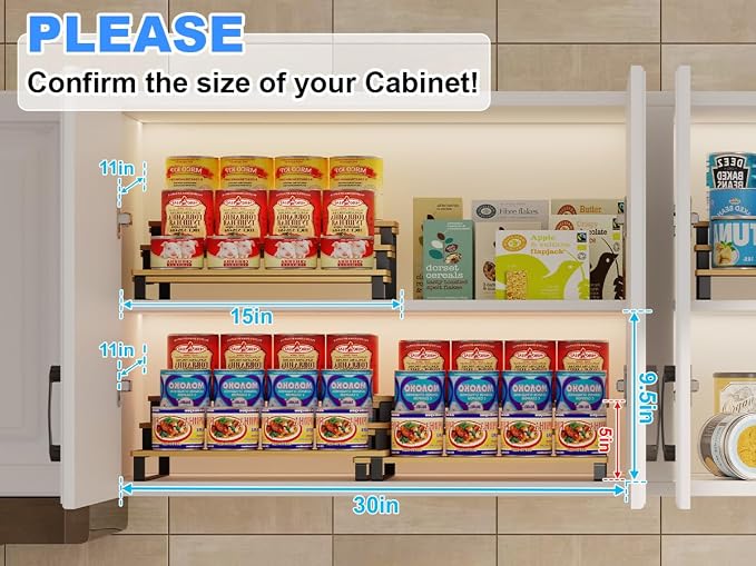 Expandable Bamboo & Iron Can Organizer, 3-Tier Adjustable Pantry Can Rack, Kitchen Cabinet Food Storage Shelf, Easy Access Canned Goods Soda Soup Can Holder, Hold Up to 30 Cans, Black