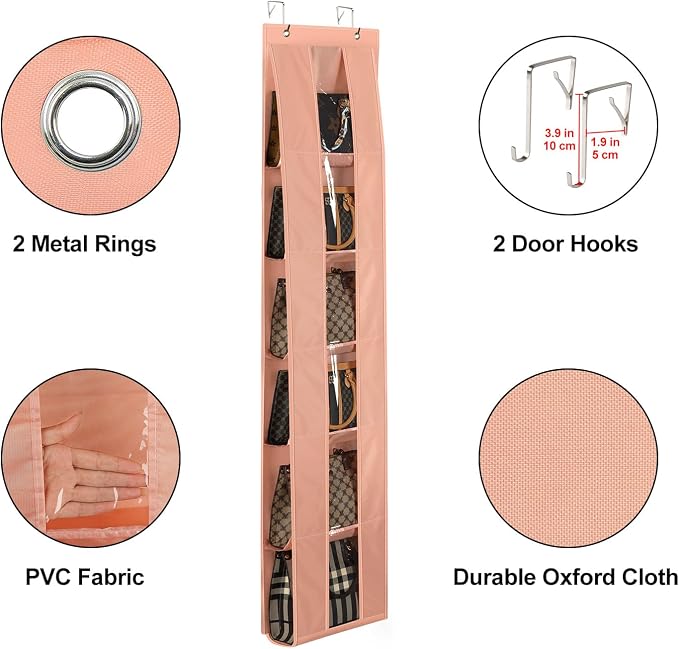Lirex Over the Door Organizer, 2 Pack Handbag Storage with 6-Tier Space-Saving for Door or Closet, Handbag Hanger, Light Pink
