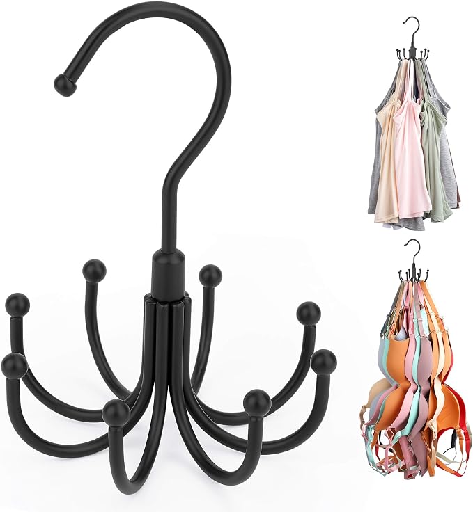 ZEDODIER Tank Top Hanger, Rotatable Bra Organzier for Closet, Max 24 Storage Capacity Sport Bras Holder, Metal Space Saving Closet Organizers and Storage, Black