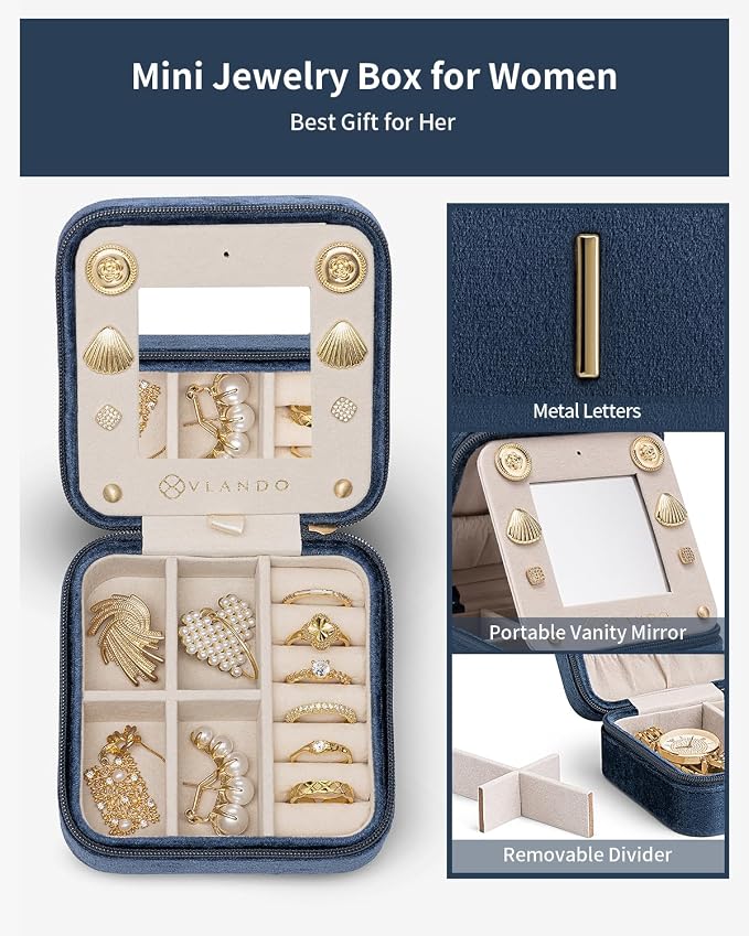 VLANDO Valentines Day Gift for Her, Travel Jewelry Organizer, Necklace Ring Organizer, Jewelry Travel Essentials Travel Gifts for Girlfriend Wife - Letter I, Dark Blue